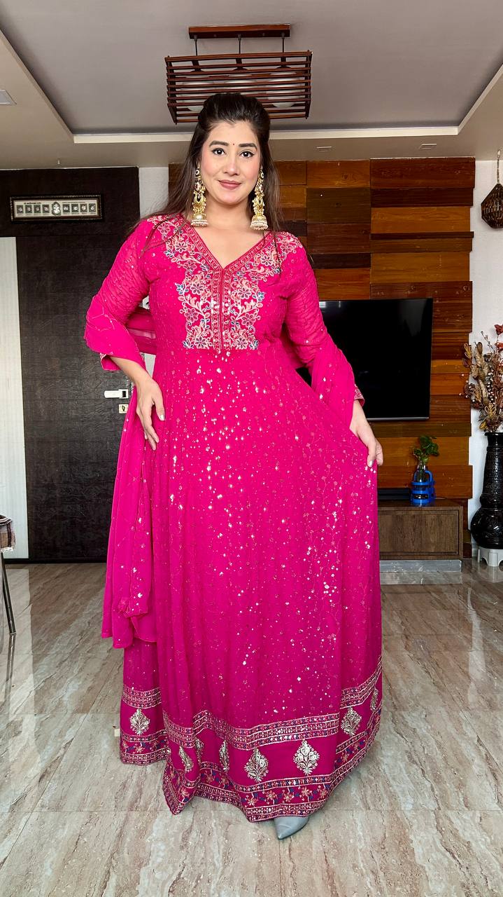 Rosy A Celebration Ready Pink Golden Leaf Borders Anarkali Gown