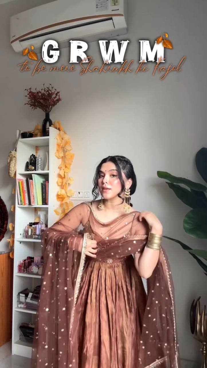 Mocha Royale Fandy Silk Anarkali Suit Set