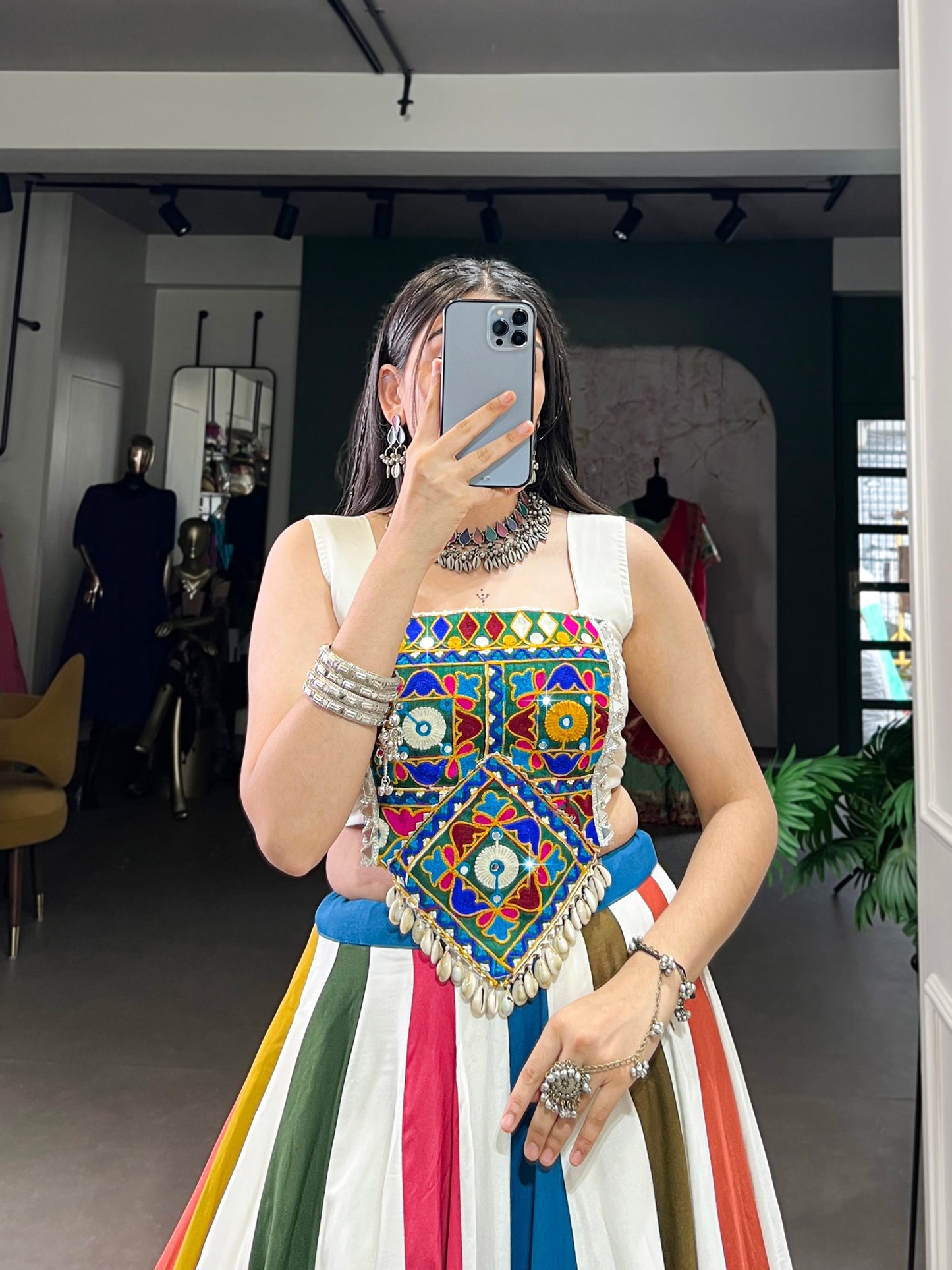 Navratri Bloom Multicolor Kutchi Work Rayon Lehenga