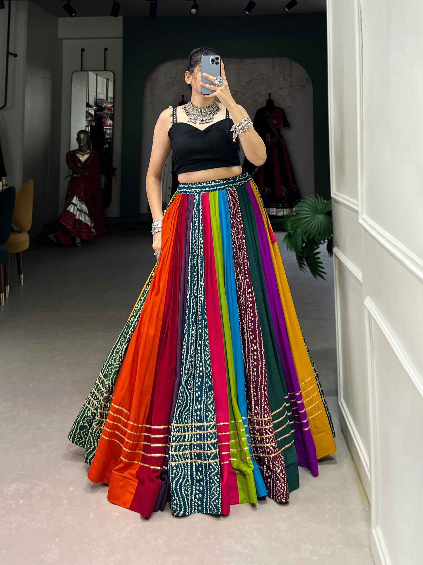 Twirls of Tradition Multicolor Bandhej Fusion Lehenga Choli