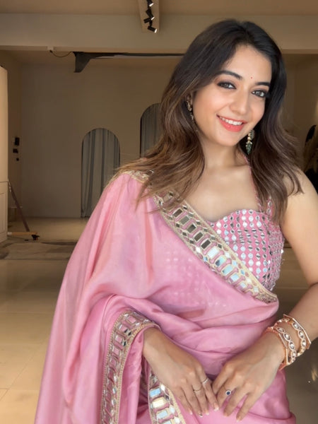 Myra Rose Pink Designer Mirror Work Pure Tissue Silk Saree