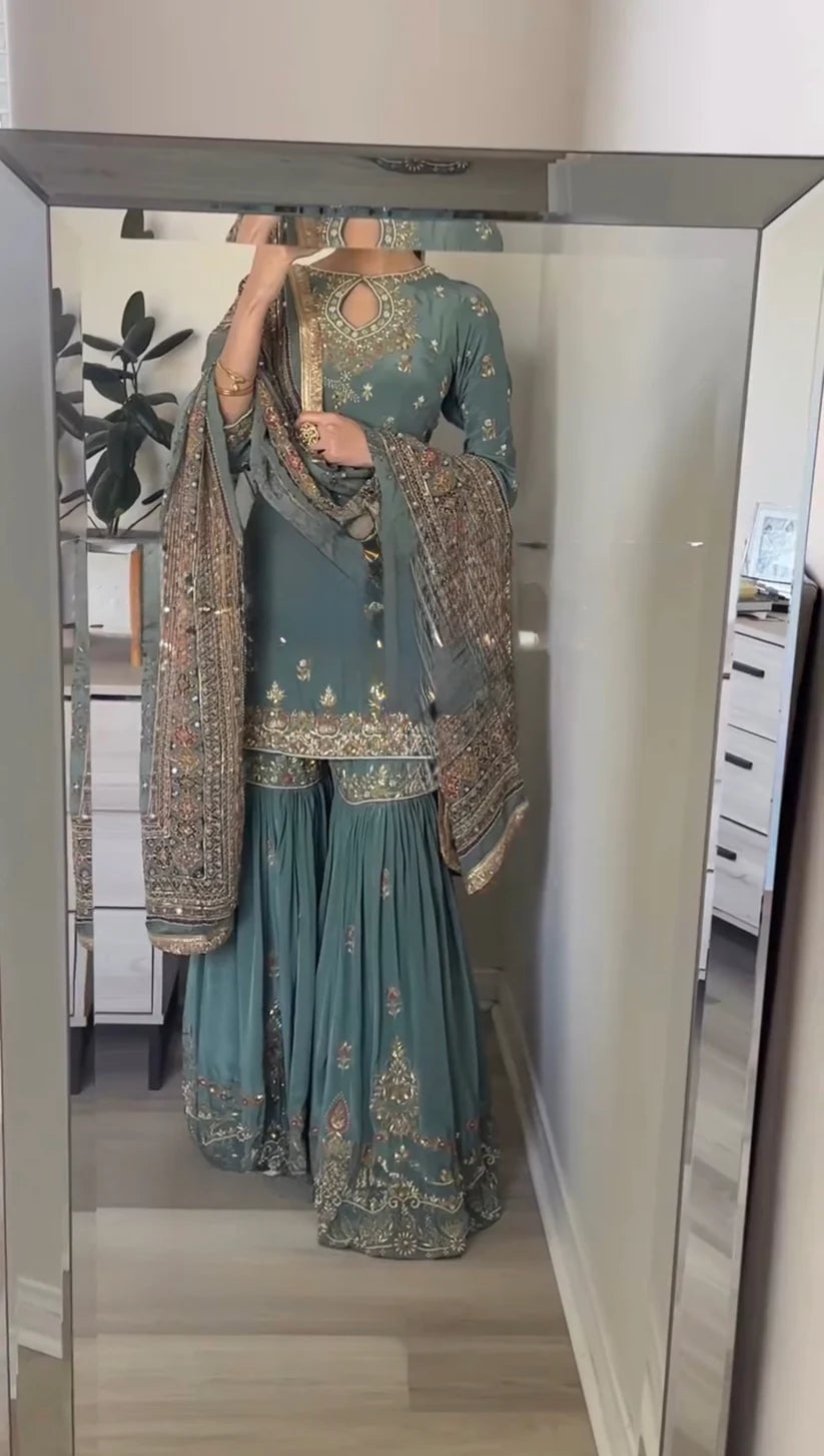 Izhar Teal Green Festive Wear Embroidered Sharara Set