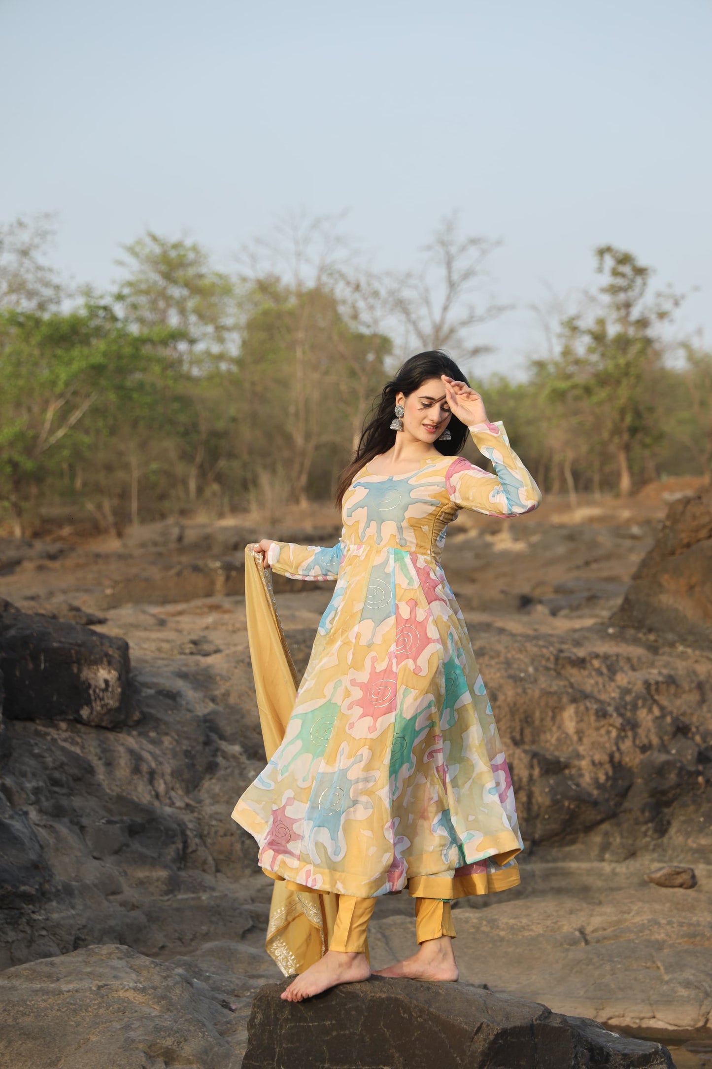 NANCY MULTI COLOURED HAND PRINT ANARKALI SUIT SET