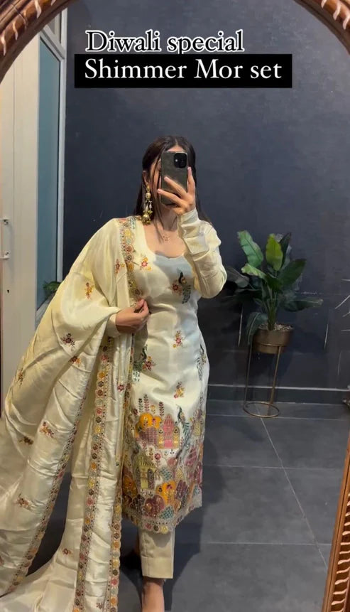 Sanya White Embroidered Designner Shimmer Mor Suit Set