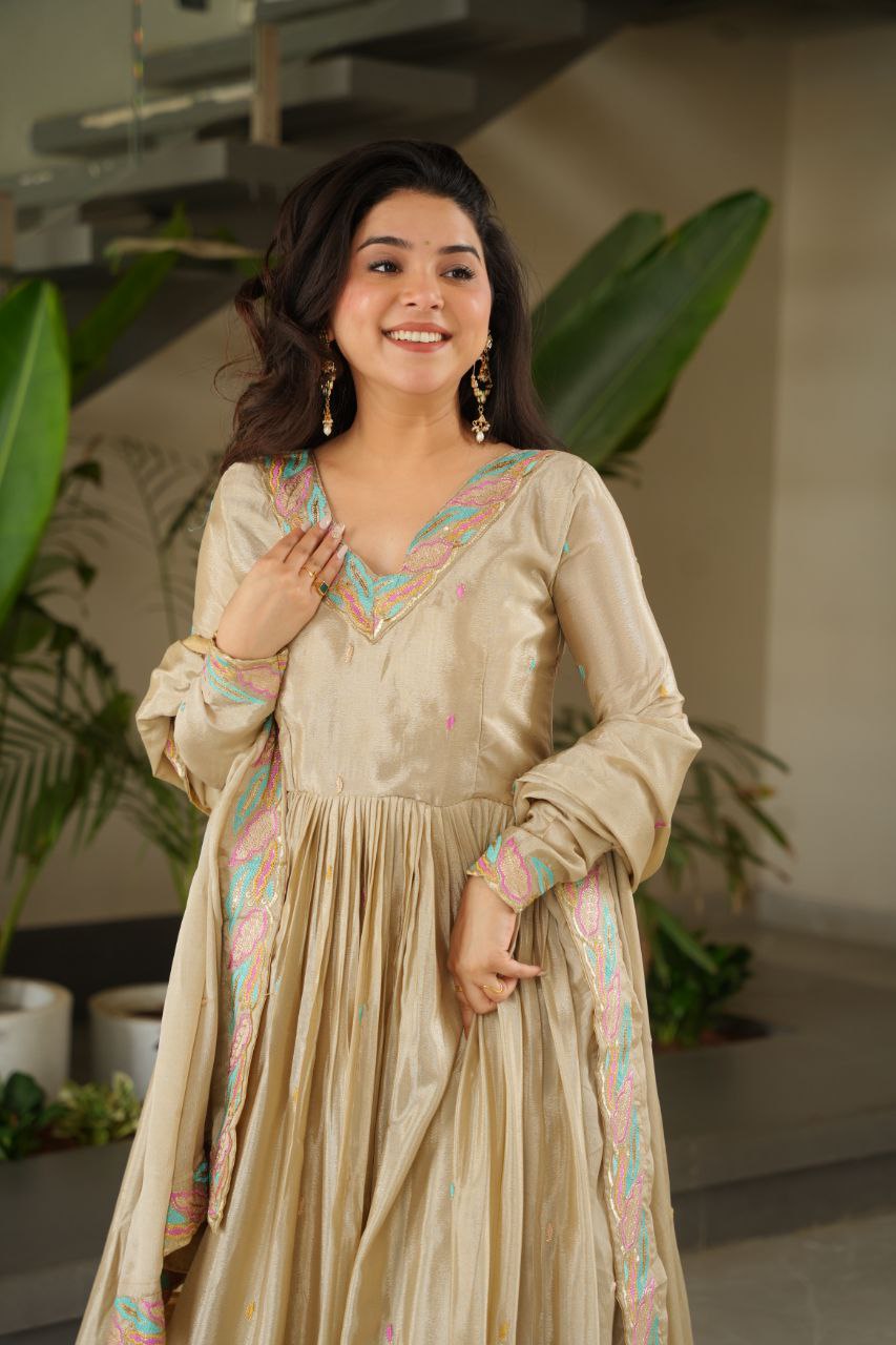 Graceful Chinnon with Sequins & Multi-Thread Embroidery Gown