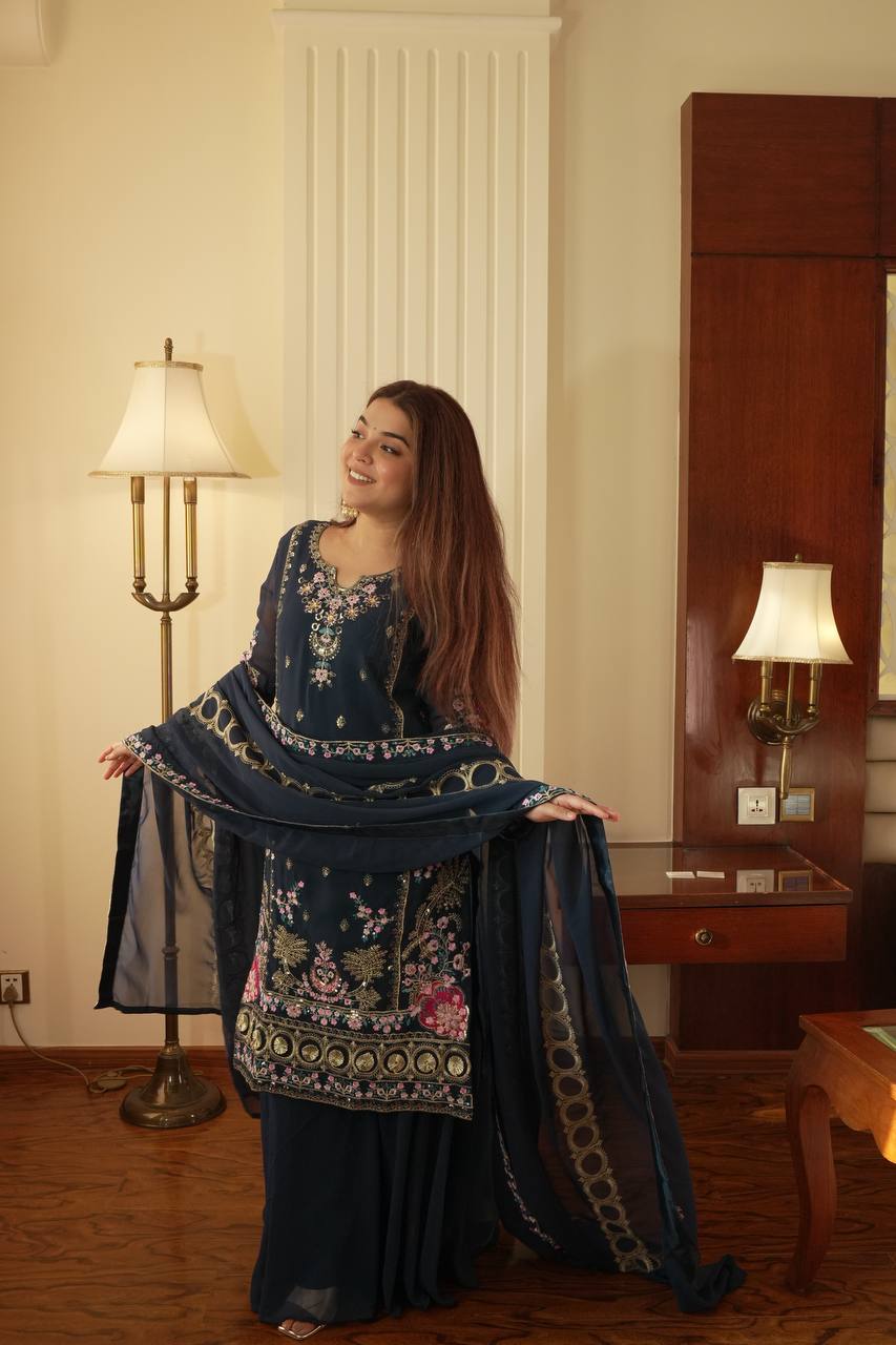 Mahira’s Royal Navy Blossom Suit Set