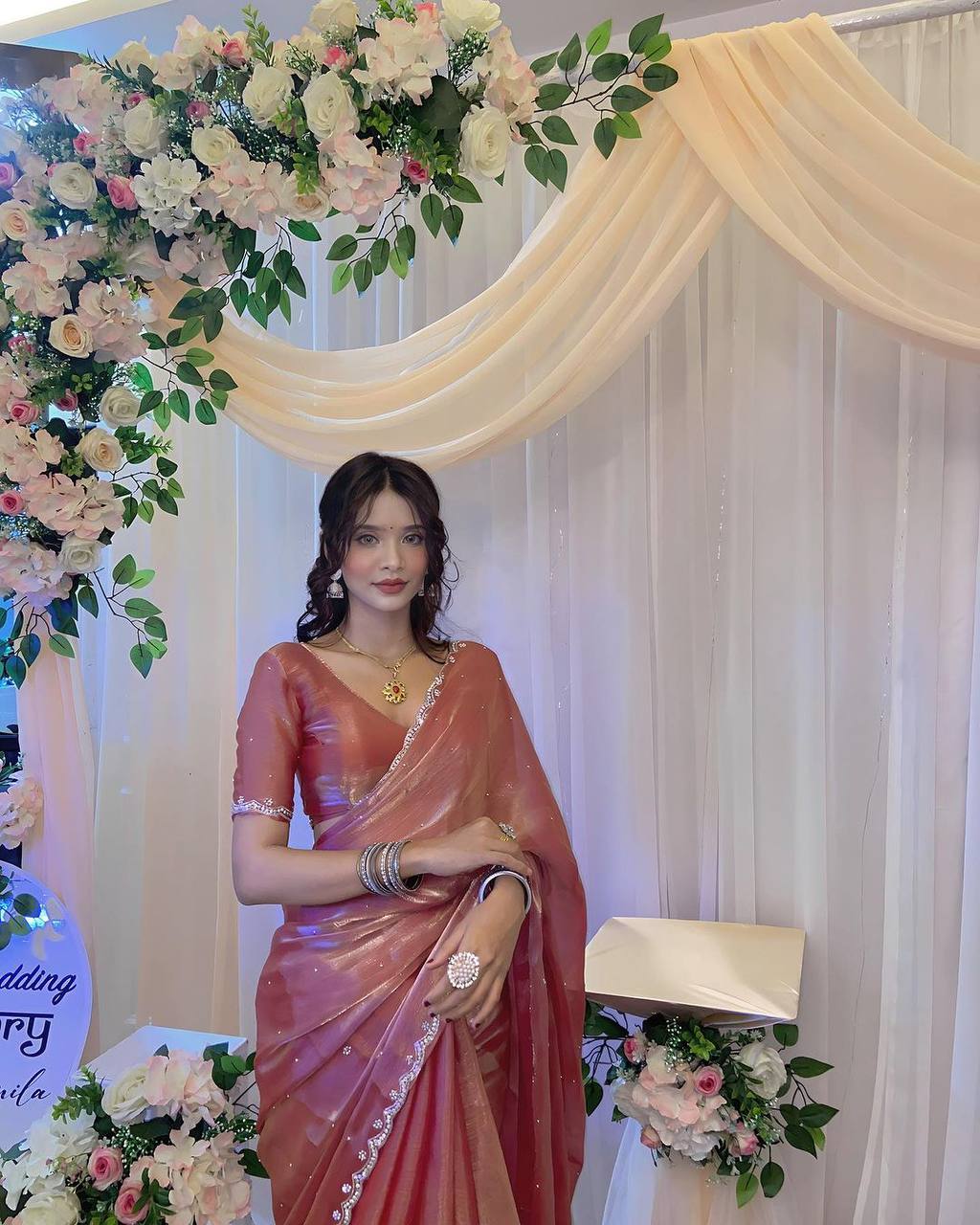 EXCLUSIVE DIAMOND WORK SAREE WITH PEARL MOTI & CUT-WORK BORDER