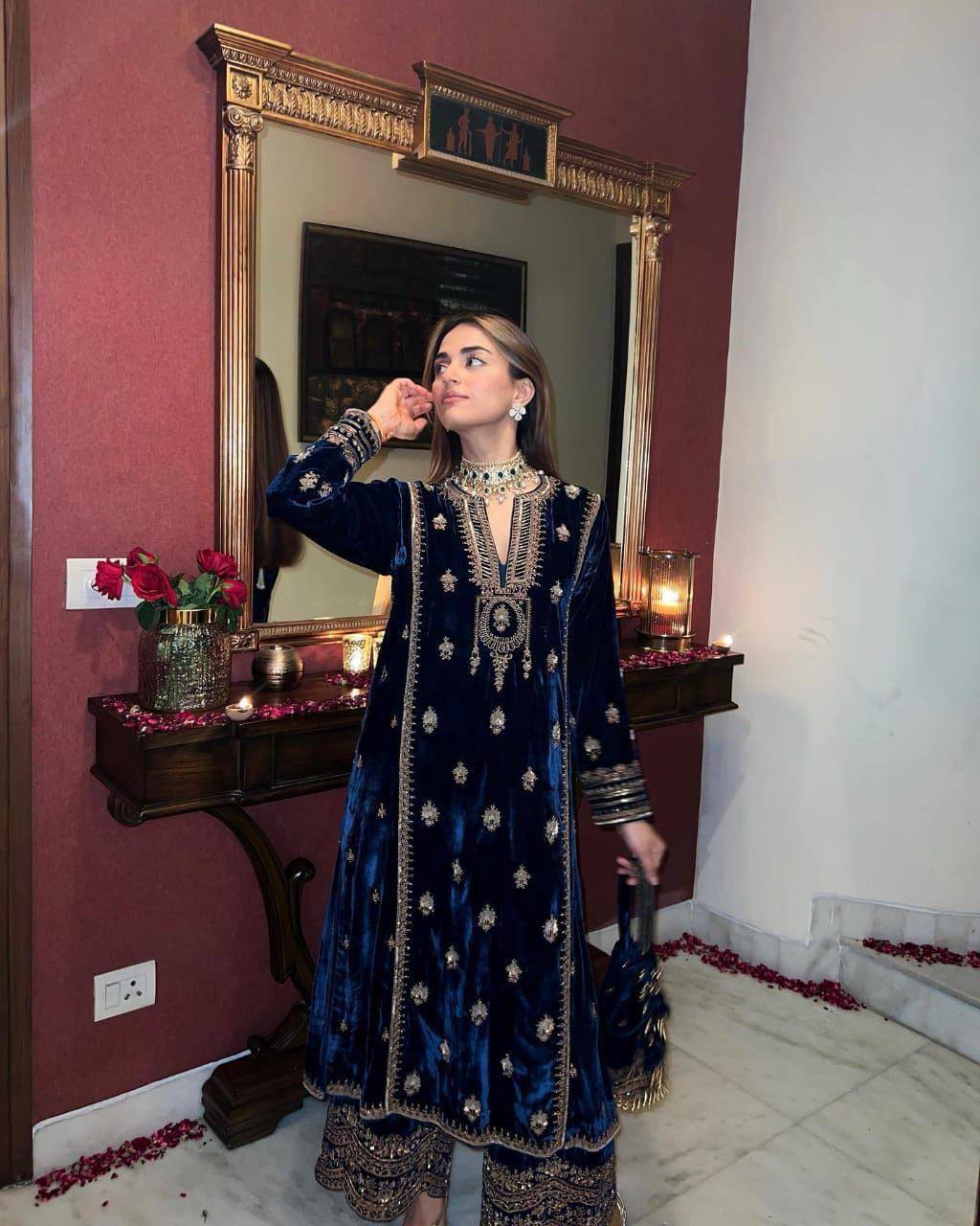 Nayrah Velvet Majestic Embroidered Kurti Plazzo With Dupatta