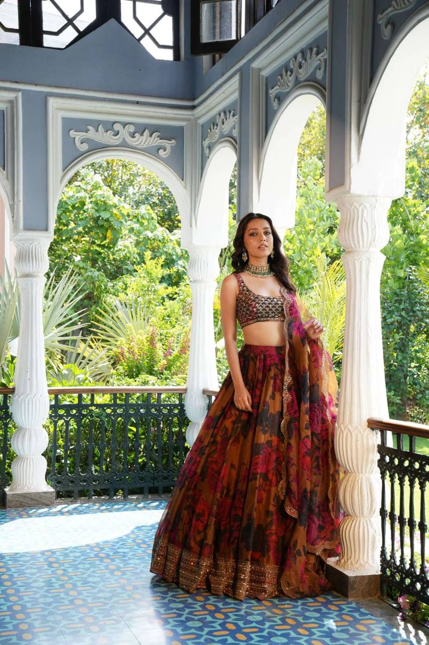Sunset Serenade Boho Floral Organza Lehenga with Beaded Blouse & Zari Border Dupatta