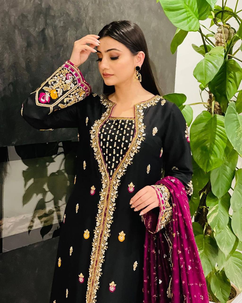 Aneza Velvet Heritage Embroidered Kurti Plazzo Set