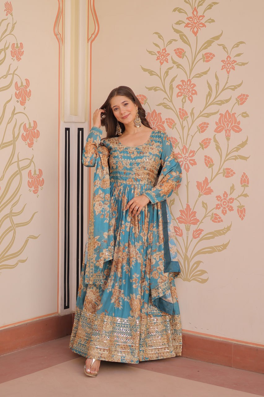 Ruhi Russian Silk Rich Digital Print With Embroidered Sequins Work Gown