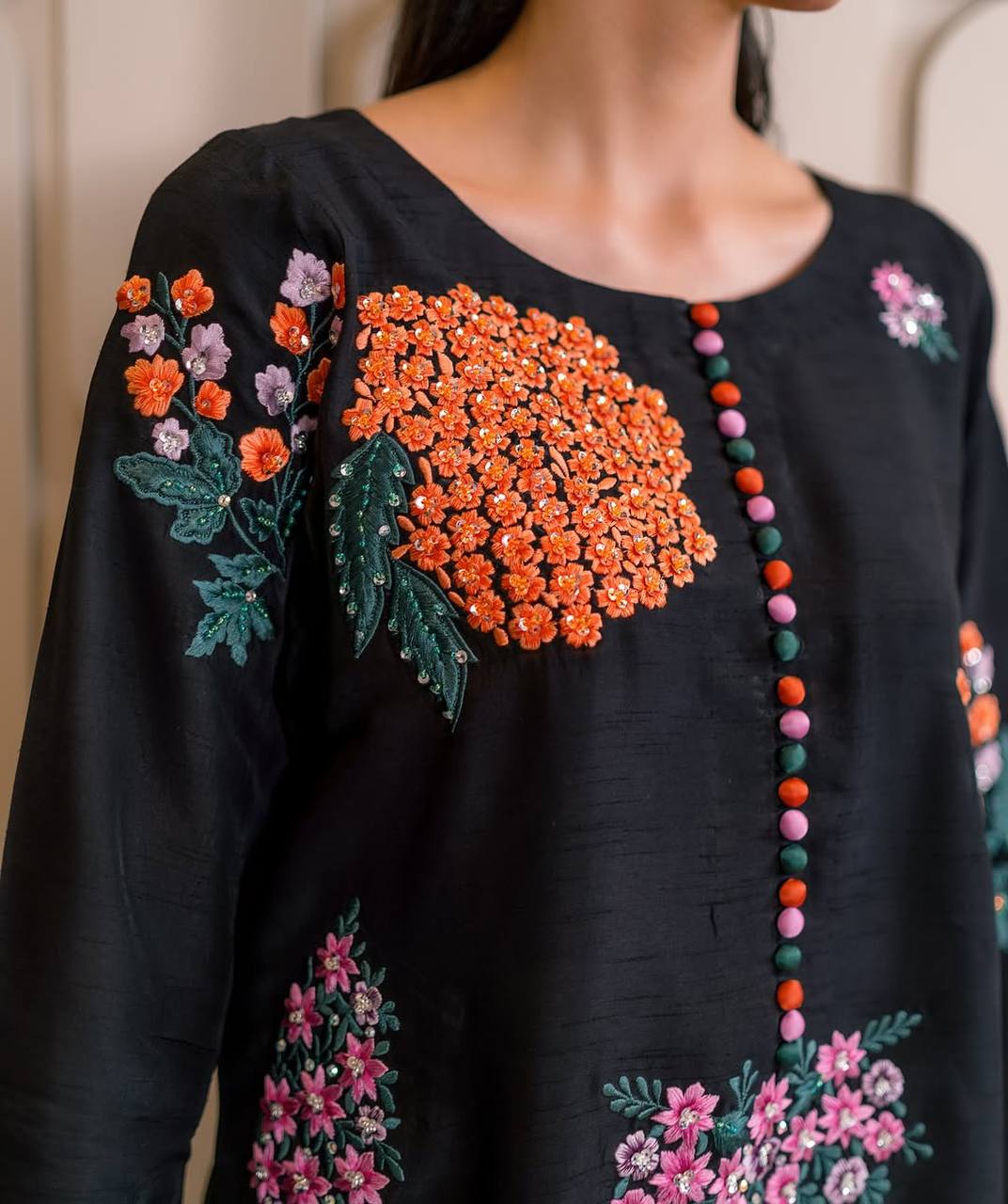 Zehra Colorful Blossom Embroidery & Flowy Grace Designer Black Kurta Set