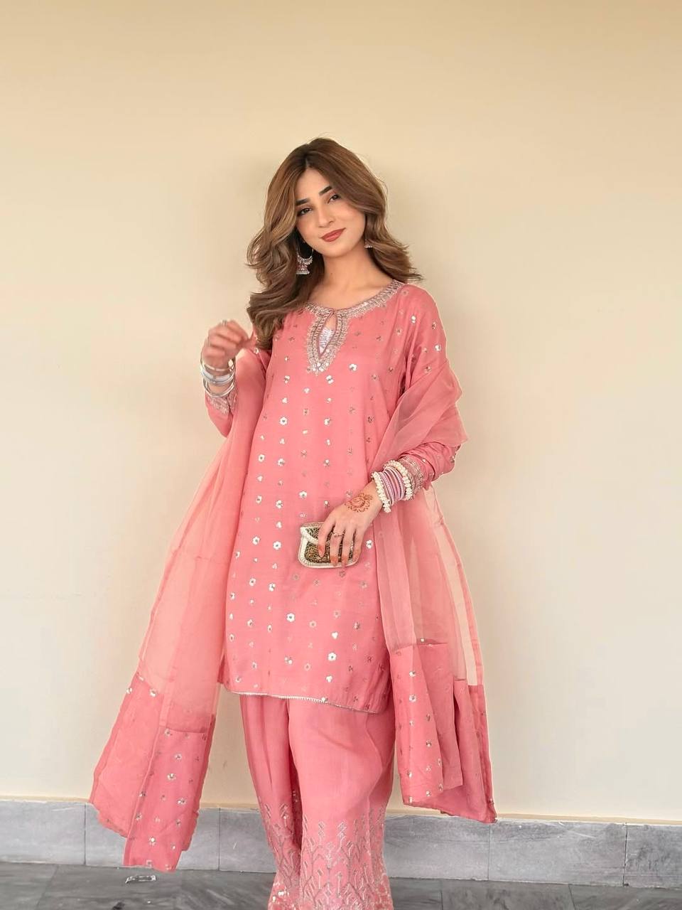 Aaria Blush Pink Chinnon Silk And Multi Needle Farshi salwar