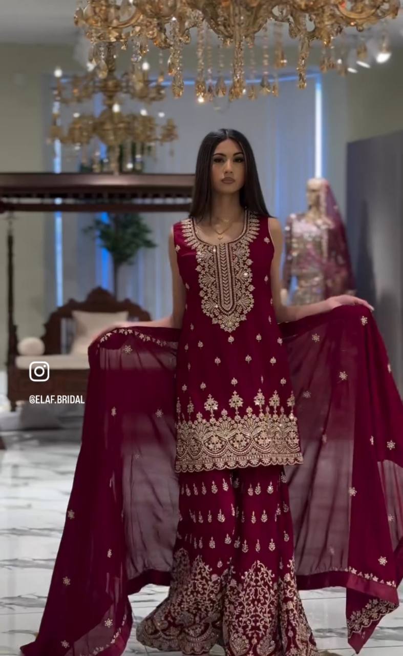 Royalty Vibrant Partywear Fox Georgette Sharara Suit