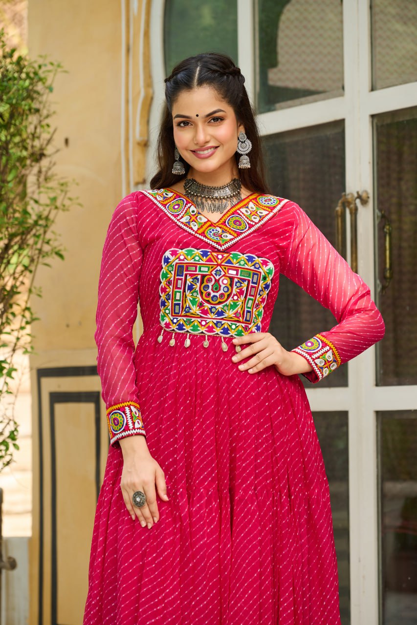 Navrang Twirl Magic: Mirror Embroidered Tiered Flare Gown