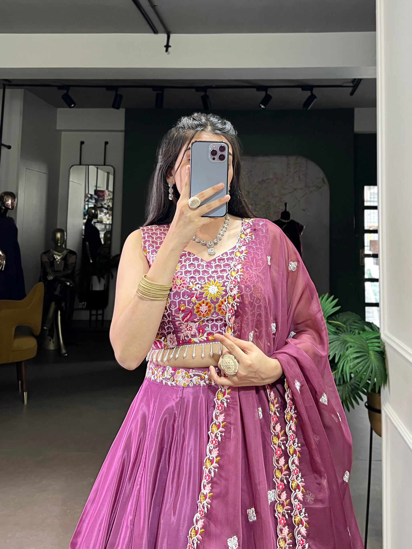 Magenta Silk Lehenga With Sequins Embroidery Work