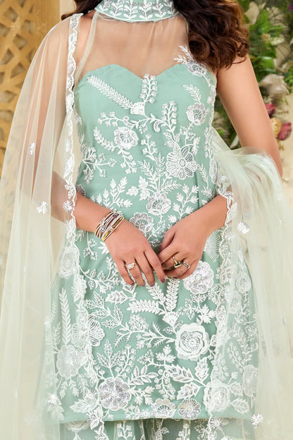 Mint Green Exquisite Net Fabric White Thread Floral Work And White Cutdana