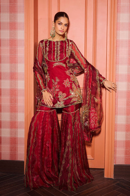 Sindoori Red Organza Gharara Set with Heavy Embroidery
