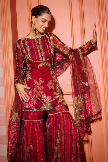 Sindoori Red Organza Gharara Set with Heavy Embroidery