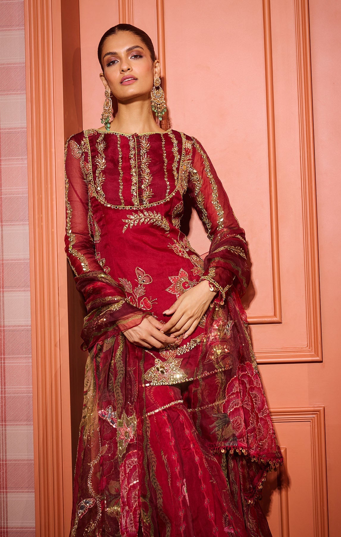 Sindoori Red Organza Gharara Set with Heavy Embroidery