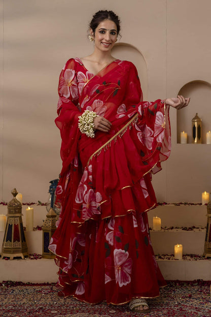 Red Pre-Draped Saree
