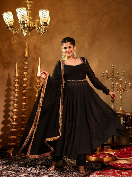 Shahzaadi Black Hand Embroidered Anarkali Suit Set