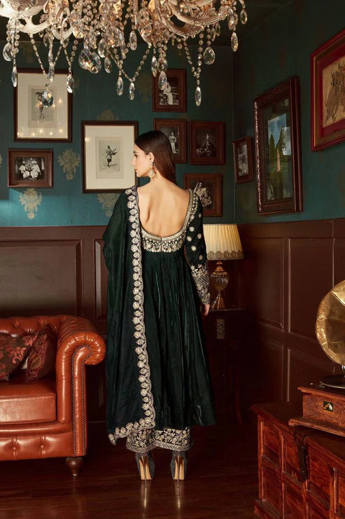 Green Colored Velvet Anarkali Gown Plazzo Set