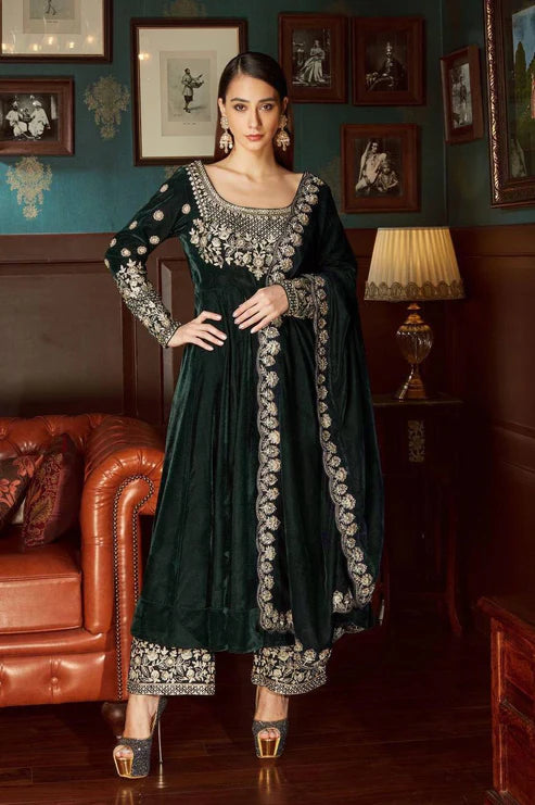 Green Colored Velvet Anarkali Gown Plazzo Set