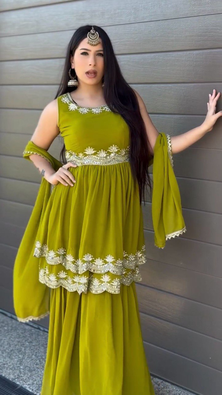 Zaitoon Zariya Embroidered Olive Green Sharara Set