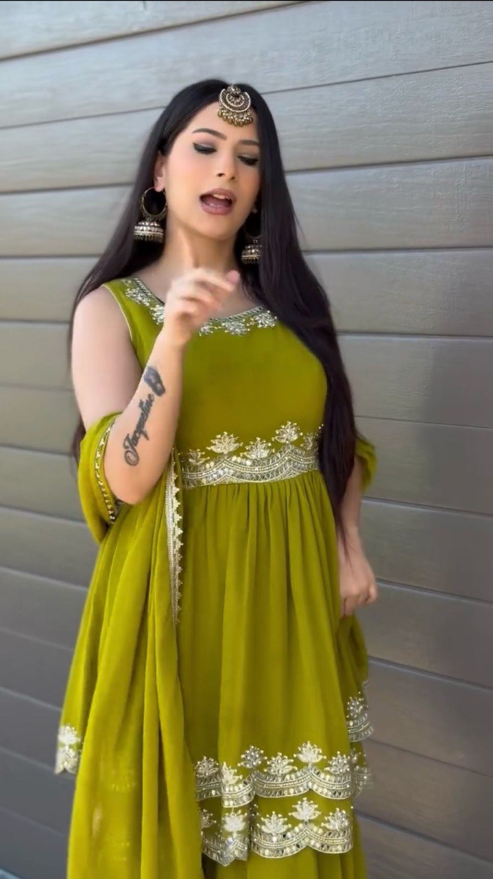 Zaitoon Zariya Embroidered Olive Green Sharara Set