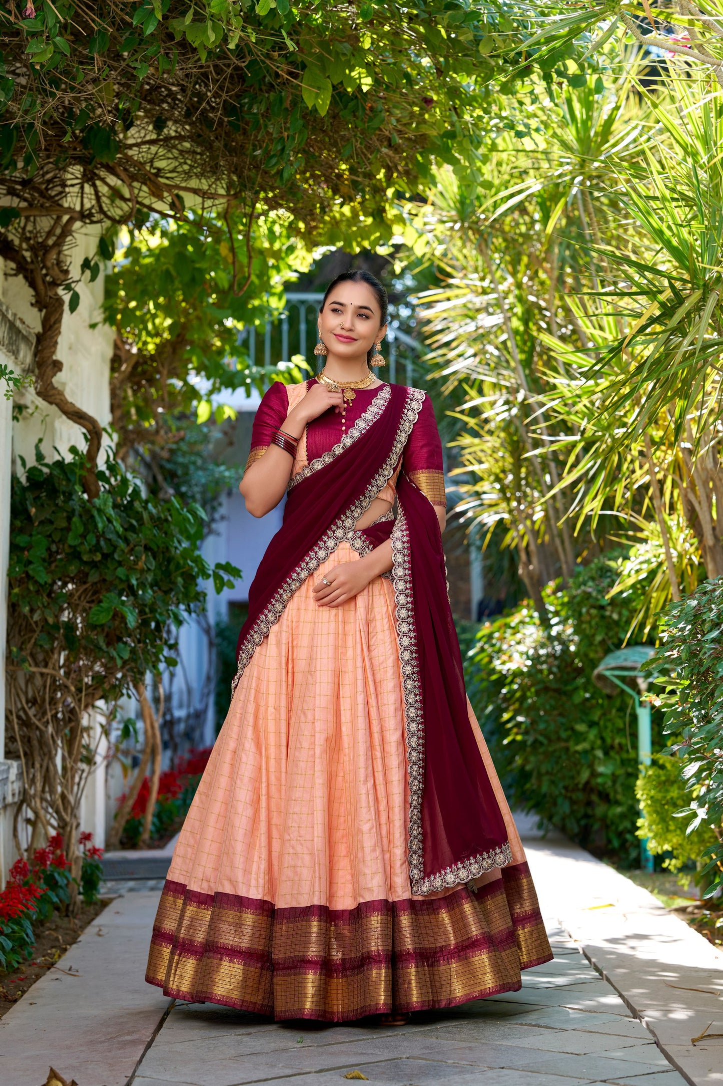 Peach Royale & Navy Lime Gold Zari Embroidered Lehenga Choli