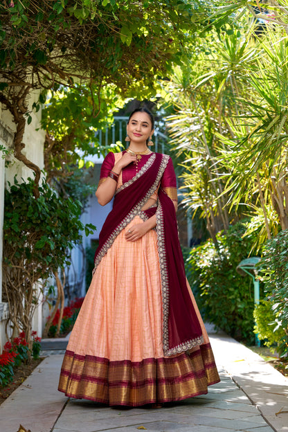 Peach Royale & Navy Lime Gold Zari Embroidered Lehenga Choli