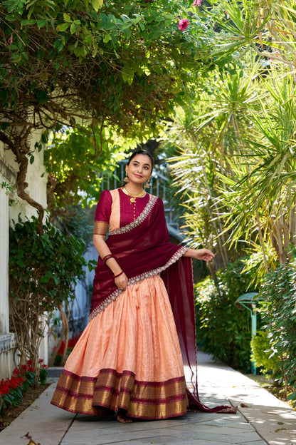 Peach Royale & Navy Lime Gold Zari Embroidered Lehenga Choli