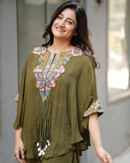 Desert Bloom Olive Green Kaftan Style with Handcrafted Three Piece Indo Western