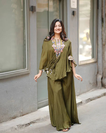 Desert Bloom Olive Green Kaftan Style with Handcrafted Three Piece Indo Western