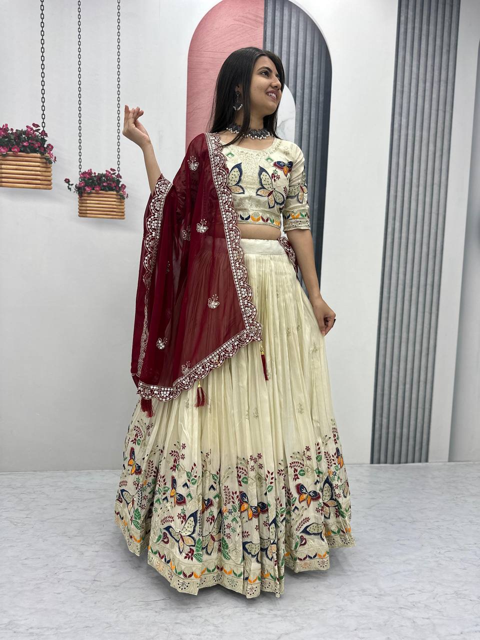 Butterfly Elegance A Whimsical Cream & Maroon Lehenga Choli