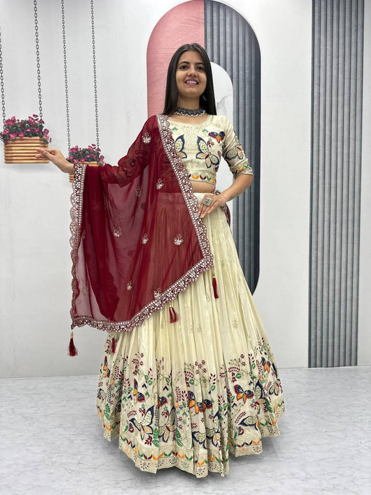 Butterfly Elegance A Whimsical Cream & Maroon Lehenga Choli