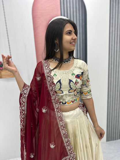 Butterfly Elegance A Whimsical Cream & Maroon Lehenga Choli