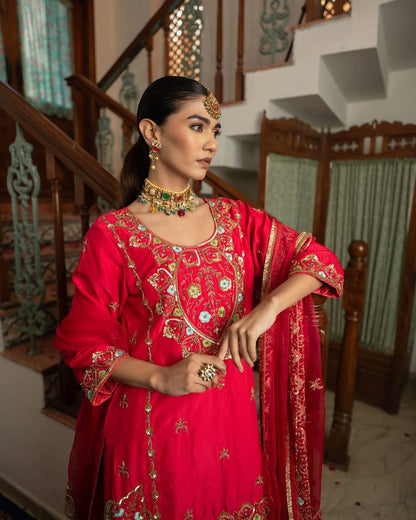 Afsana Crimson Red Hand Embroidered Zari Mirror Sharara Set