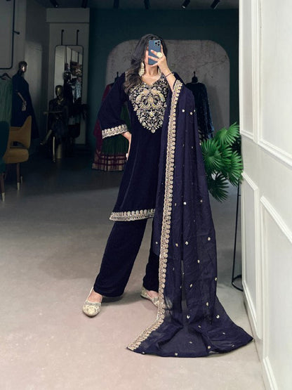 Shahi Luxurious Deep Blue Zari Embroidery Velvet Suit Set