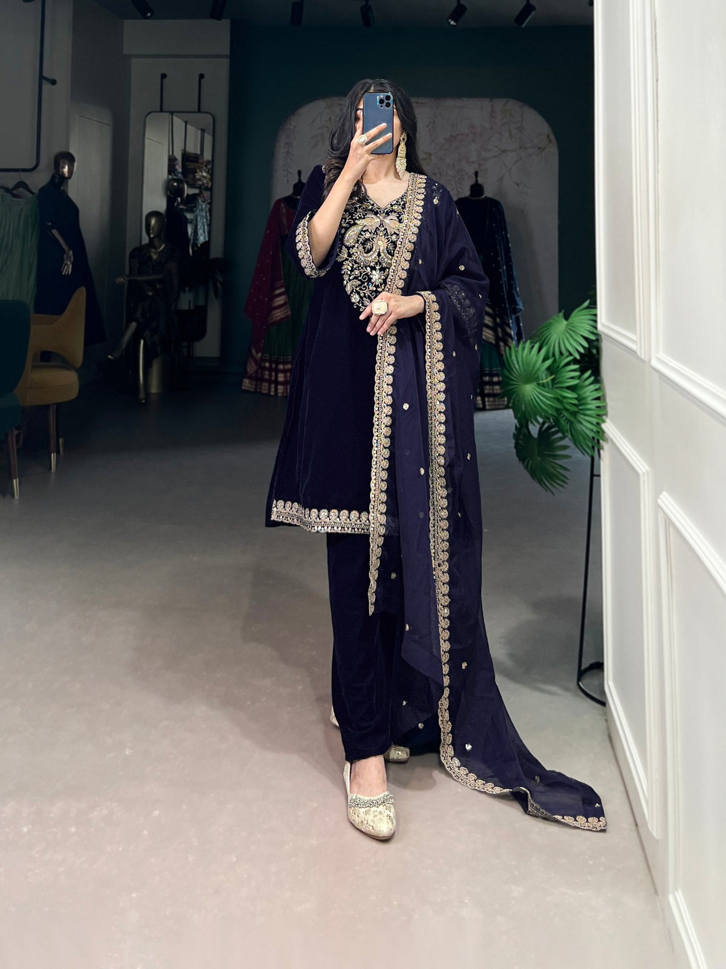 Shahi Luxurious Deep Blue Zari Embroidery Velvet Suit Set