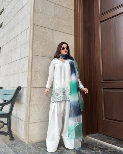 Chaandni  White Silk Handcrafted Border & Shaded  Kurta Set