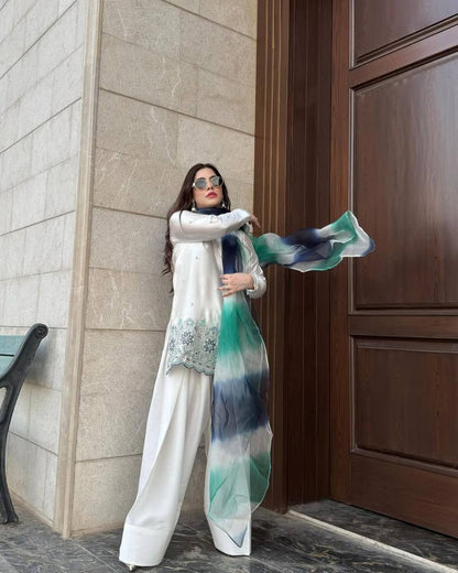 Chaandni  White Silk Handcrafted Border & Shaded  Kurta Set