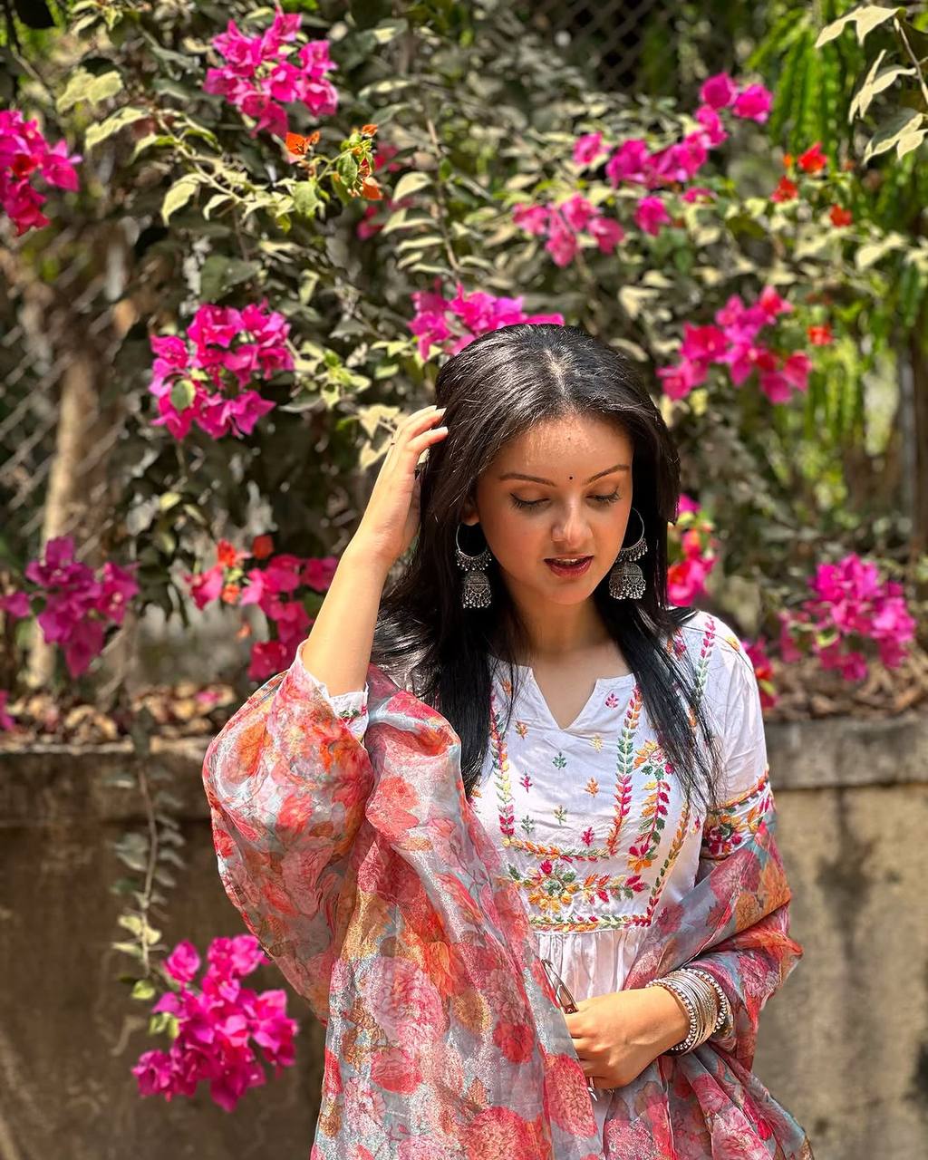 Blush Petal Hand Embroidered Cotton Anarkali Set with Floral Dupatta Set