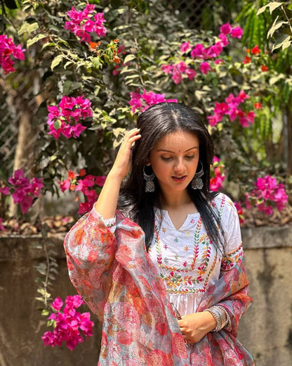 Blush Petal Hand Embroidered Cotton Anarkali Set with Floral Dupatta Set