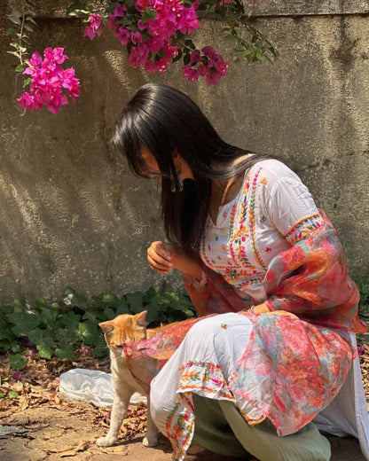Blush Petal Hand Embroidered Cotton Anarkali Set with Floral Dupatta Set