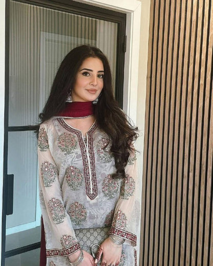 Ivory Garden Bloom  Party Wear Look Embroidered Heritage Suit Set