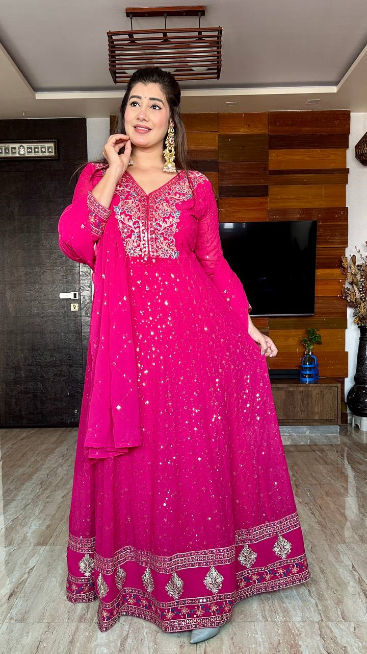Rosy A Celebration Ready Pink Golden Leaf Borders Anarkali Gown