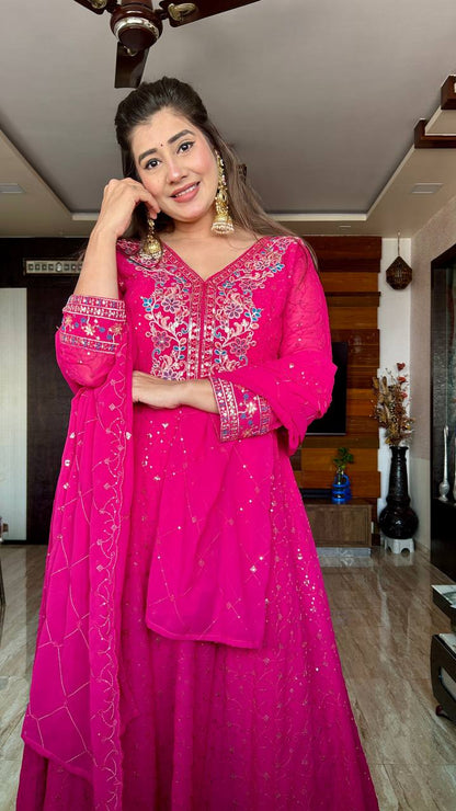 Rosy A Celebration Ready Pink Golden Leaf Borders Anarkali Gown