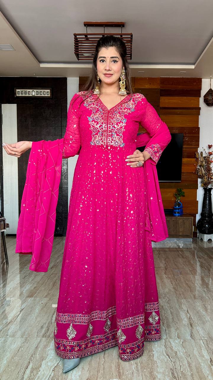 Rosy A Celebration Ready Pink Golden Leaf Borders Anarkali Gown